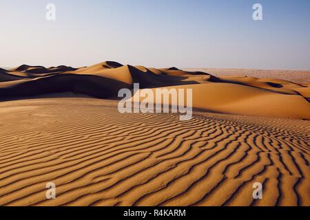 Le dune di sabbia nel deserto paesaggio. Wahiba Sands, Sultanato di Oman. Foto Stock