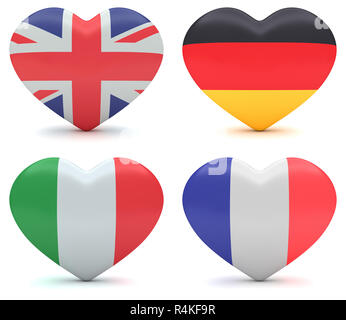 Amore Europa impostare: inglese, tedesco, italiano e francese bandiera Cuore, 3d illustrazione Foto Stock