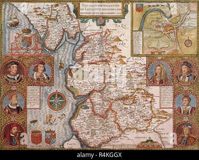 Mappa Antico, Lancashire, 1611, Hondius, Jodocus. Foto Stock