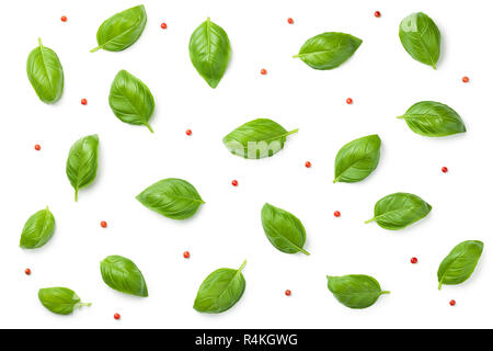 Le foglie di basilico con grani di pepe rosso. isolato su sfondo bianco Foto Stock