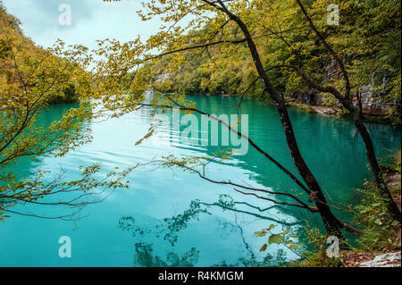 Numerose cascate di uno dei più straordinari laghi di Plitvice, Croazia. Una vera vergine e meraviglioso pezzo di natura. Foto Stock