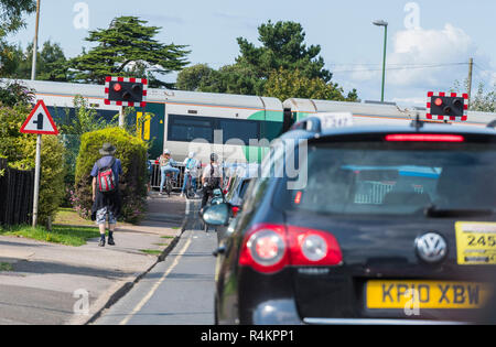 Auto e persone in attesa e la messa in coda ad un passaggio a livello con una rampa sud del treno che va passato nel West Sussex, in Inghilterra, Regno Unito. Foto Stock