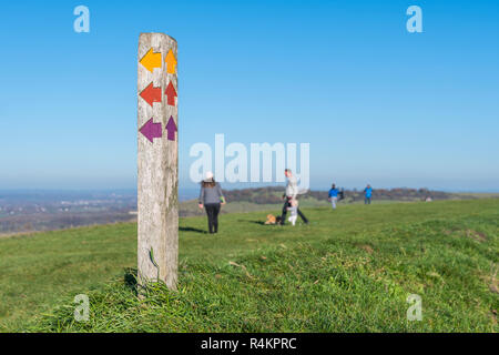La gente camminare passato waymarker su fingerpost di legno. Waymarkers sul palo di legno a Devil's Dyke, East Sussex, Inghilterra, Regno Unito. Foto Stock