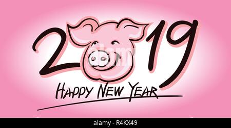 Carino faccia di maiale vector silhouette - 2019 Anno nuovo simbolo Illustrazione Vettoriale