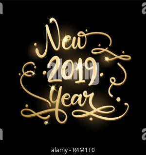 Golden segno felice Nuovo Anno 2019 Holiday illustrazione vettoriale. Oro Lucido composizione scritta con bagliori Illustrazione Vettoriale