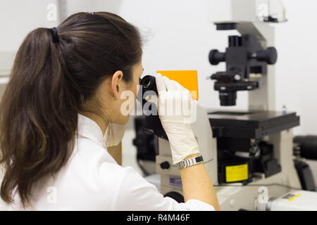 La scienza della vita microscopia ricercatore in genetica laboratorio scientifico. Foto Stock