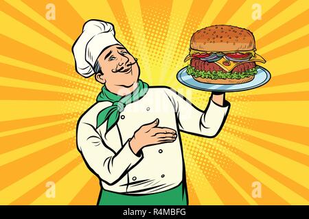 Chef con il Burger. La cottura di fast food. Pranzo in ristorante. Fumetto cartoon arte pop retrò illustrazione vettoriale disegno Illustrazione Vettoriale