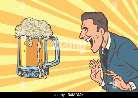 Uomo felice e una tazza di birra. La bevanda alcolica pub. Fumetto cartoon arte pop retrò illustrazione vettoriale disegno Illustrazione Vettoriale