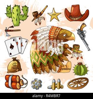 Personaggio dei fumetti American Eagle con set di western classico design di elementi di stampa Illustrazione Vettoriale