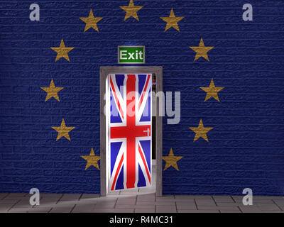 3D render di metà di aprire lo sportello con la Gran Bretagna bandiera nella parete con sovrapposta la bandiera dell'UE come concetto Brexit Foto Stock