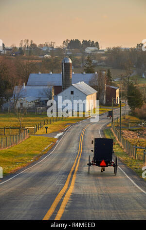 In Pennsylvania Dutch Country, un vecchio ordine mennonita buggy su una strada vicino a New Holland, Lancaster County Foto Stock