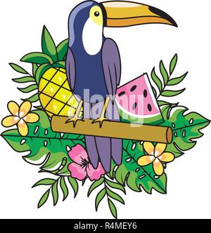 L'estate tropicale tucano con foglie di palma e fiori cartoon illustrazione vettoriale graphic design Illustrazione Vettoriale