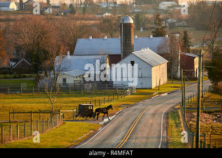 In Pennsylvania Dutch Country, un vecchio ordine mennonita buggy su una strada vicino a New Holland, Lancaster County Foto Stock