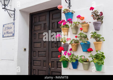 Cortile decorato con gerani, Cordoba, Spagna Foto Stock