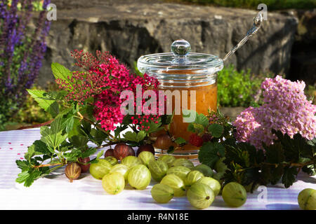 Atmosfera estiva con uva spina sul vassoio in legno amorevolmente decorate con fiori e vasetto di marmellata Foto Stock