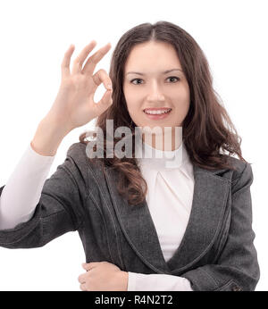 Moderno business donna mostra segno OK. isolato su sfondo bianco Foto Stock