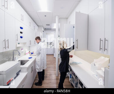 Dentista e assistente di camera di sterilizzazione Foto Stock