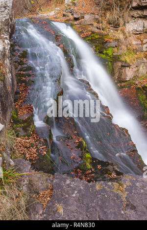 Splendida Mountain Creek Waterfall a cascata verso il basso la parete rocciosa e colori d'autunno foglie rosse, close-up Foto Stock