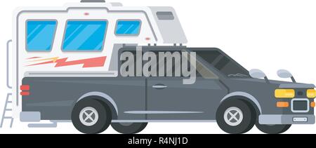 Rimorchi o family RV camping caravan. Autobus turistico e tenda per attività ricreative all'aperto e di viaggio. Mobile home carrello. Auto Suv Crossover. Trasporto turistico, road trip, veicoli da diporto. Illustrazione Vettoriale