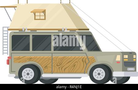 Rimorchi o family RV camping caravan. Autobus turistico e tenda per attività ricreative all'aperto e di viaggio. Mobile home carrello. Auto Suv Crossover. Trasporto turistico, road trip, veicoli da diporto. Illustrazione Vettoriale