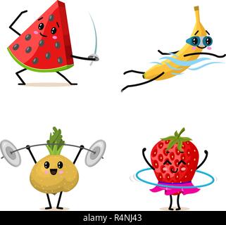 Sport i caratteri di frutta. Set di Carino ortaggi sani e divertenti allenamento fberries facendo esercizi. Happy food fragola anguria banana rapa. vegetariana dieta di vitamina e concetto di fitness. Illustrazione Vettoriale