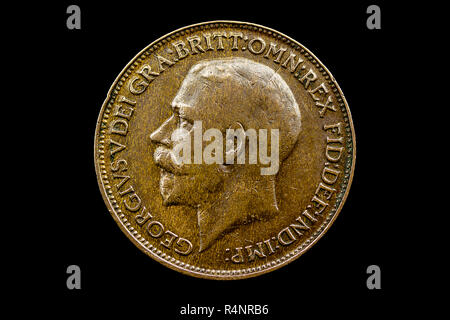 Regno Unito 1921 Farthing coin, che mostra la testa King George V e la data 1921, con la circostante legenda: GEORGIVS V DEI GRA:BRITT:OMN:REX FID:DEF:IND:IMP: Foto Stock