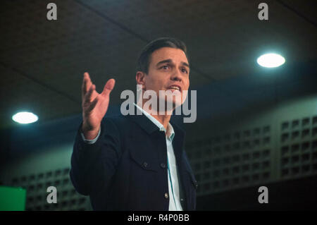 Malaga, Marbella, Spagna. 27 Nov, 2018. In Spagna il primo ministro socialista e leader del partito (PSOE) Pedro Sanchez, dando un discorso in un rally durante la campagna delle elezioni regionali in Andalusia. Credito: Gesù Merida/SOPA Immagini/ZUMA filo/Alamy Live News Foto Stock