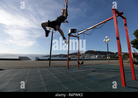 Foto di Tim Cuff - 26 Aprile 2018 - ragazzo giocando su swing, Wellington, Nuova Zelanda Foto Stock