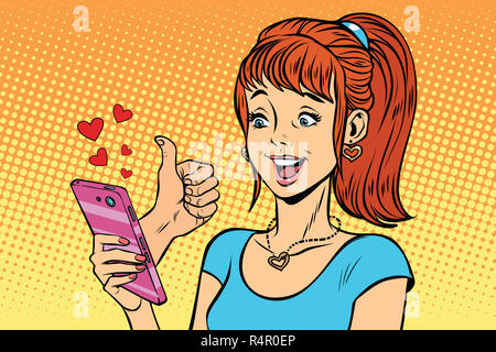 Giovane donna lettura online smartphone simili, amore e supporto Foto Stock