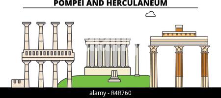 Aree archeologiche di Pompei, Ercolano e Torre Annunziata la corsa in linea landmark, skyline, vettore design. Aree archeologiche di Pompei, Ercolano e Torre Annunziata illustrazione lineare. Illustrazione Vettoriale