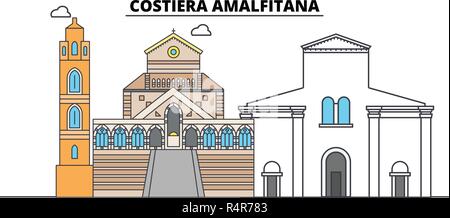 Costiera Amalfitana la corsa in linea landmark, skyline, vettore design. Costiera Amalfitana illustrazione lineare. Illustrazione Vettoriale