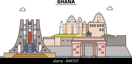 Linea di Ghana skyline illustrazione vettoriale. Ghana paesaggio urbano lineare con i famosi punti di riferimento della città, vettore, design landscape. Illustrazione Vettoriale