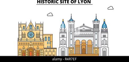 Il sito storico di Lione la corsa in linea landmark, skyline, vettore design. Il sito storico di Lione illustrazione lineare. Illustrazione Vettoriale