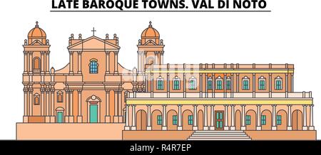 Città tardo barocche. Val di Noto la corsa in linea landmark, skyline, vettore design. Città tardo barocche. Val di Noto illustrazione lineare. Illustrazione Vettoriale