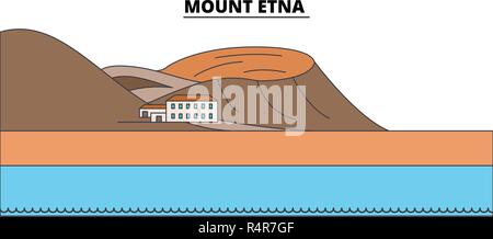 Il monte Etna la corsa in linea landmark, skyline, vettore design. Il monte Etna illustrazione lineare. Illustrazione Vettoriale