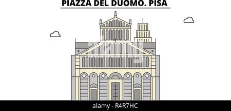 Piazza del Duomo. Linea Pisa travel landmark, skyline, vettore design. Piazza del Duomo. Pisa illustrazione lineare. Illustrazione Vettoriale