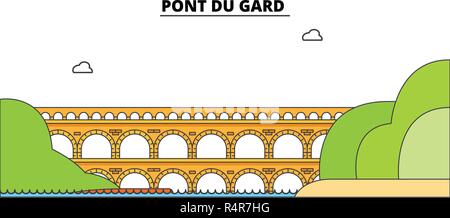 Pont du Gard la corsa in linea landmark, skyline, vettore design. Pont du Gard illustrazione lineare. Illustrazione Vettoriale