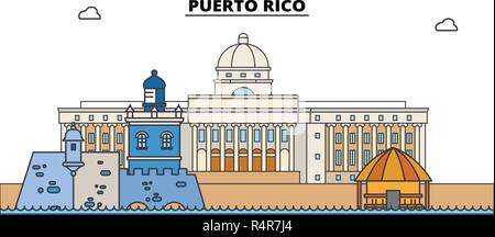 Puerto Rico skyline di linea illustrazione vettoriale. Puerto Rico paesaggio urbano lineare con i famosi punti di riferimento della città, vettore, design landscape. Illustrazione Vettoriale