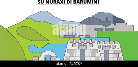 Su Nuraxi di Barumini la corsa in linea landmark, skyline, vettore design. Su Nuraxi di Barumini illustrazione lineare. Illustrazione Vettoriale