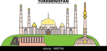 Turkmenistan skyline di linea illustrazione vettoriale. Turkmenistan paesaggio urbano lineare con i famosi punti di riferimento della città, vettore, design landscape. Illustrazione Vettoriale