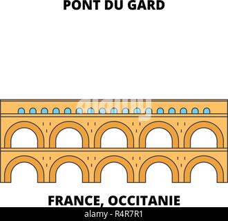 Francia, Occitanie - Pont du Gard (Acquedotto Romano) linea travel landmark, skyline, vettore design. Francia, Occitanie - Pont du Gard (Acquedotto Romano) lineare illustrazione. Illustrazione Vettoriale