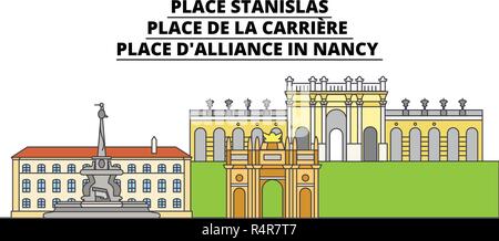 Place Stanislas - Place De La CarriEre - Place D'alleanza in Nancy la corsa in linea, punto di riferimento dello skyline di disegno vettoriale Illustrazione Vettoriale