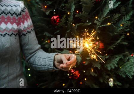 Donna in maglia maglione azienda botti prima dell albero di natale Foto Stock