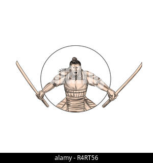 Samurai Warrior armato con due spade Tattoo Foto Stock