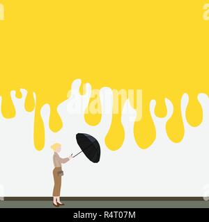 Parete con vernice gialla su di essa e una signora con ombrellone, concetto di pioggia Illustrazione Vettoriale