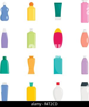 Bottiglia di shampoo capelli corpo soap di lavaggio cura set di icone. Illustrazione piatta di 16 bottiglia di shampoo capelli corpo soap di lavaggio cura icone vettoriali isolato su bianco Illustrazione Vettoriale