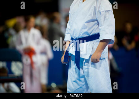 Giovane e bella e di successo dei giovani di karate kid nel karate posizione Foto Stock