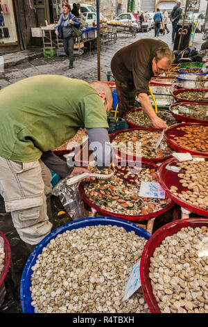 Pescivendolo stallo a Via Sopramuro, mercato di Porta Nolana trimestre, Napoli, campania, Italy Foto Stock