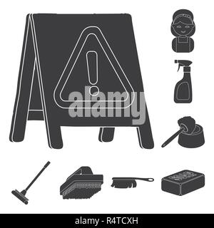 La pulizia e la cameriera icone nere in set di raccolta per il design. Attrezzature per la pulizia di simboli vettoriali stock illustrazione. Illustrazione Vettoriale