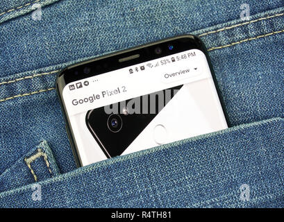 MONTREAL, Canada - 4 ottobre 2018: Google Pixel 2 su s8 schermo. Pixel 2 è uno smartphone sviluppato da Google. Google è un americano di tecnologia azienda Foto Stock